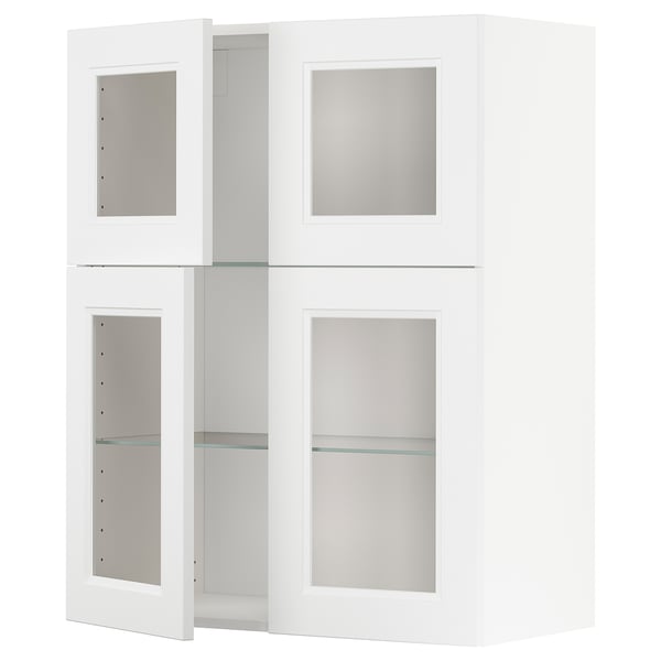 White METOD kitchen cabinet with glass doors and shelves.
