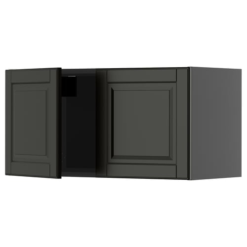 Dark grey kitchen cabinet with square doors and bevelled edges.