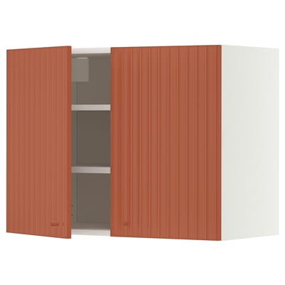 METOD Wall cabinet with shelves/2 doors, white/Terrsjö red-brown wave pattern, 80x60 cm