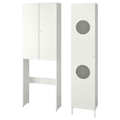 White tall laundry cabinet set, modern design, with doors and round windows on one, open bottom shelf on other, ideal for small spaces.