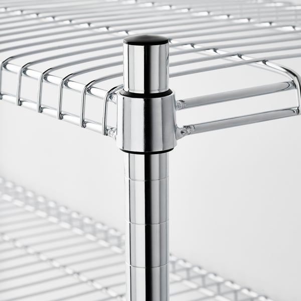 Close-up of OMAR shelving joint, showcasing polished chrome finish and sturdy metal construction.