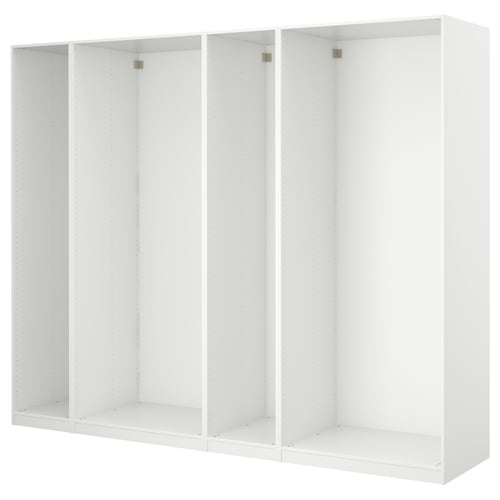 White PAX wardrobe with empty compartments, modern design and adjustable feet.