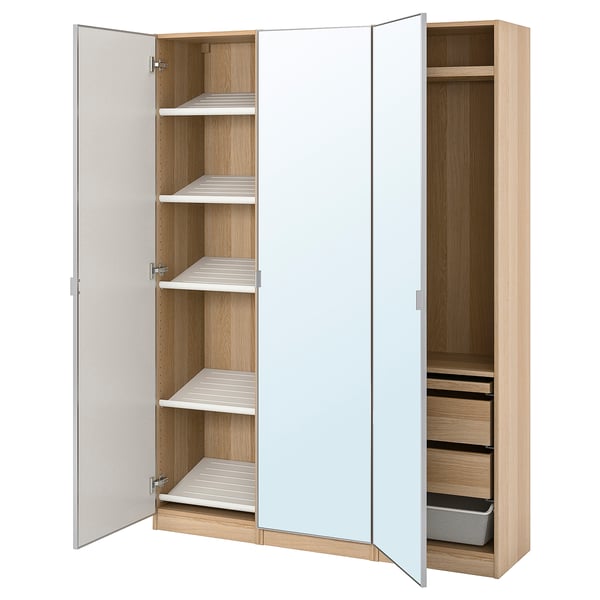 Beige wardrobe with mirrored shelves and drawers