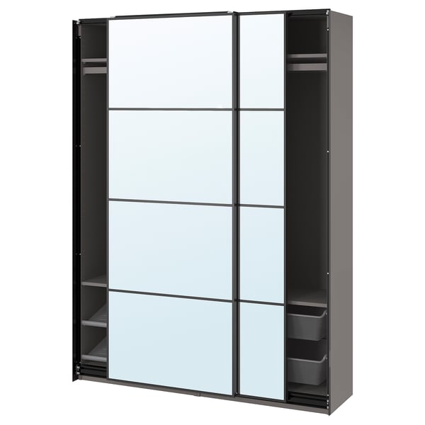 A grey IKEA PAX wardrobe with mirrored sliding doors, mesh compartments, and a shoe shelf.