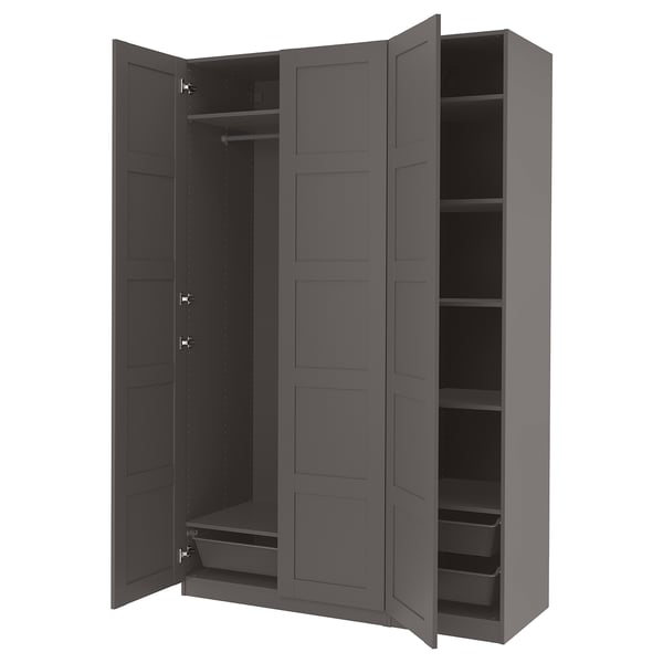 PAX grey wardrobe with shelves and hanging rail.