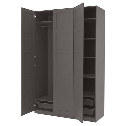 PAX grey wardrobe with shelves and hanging rail.
