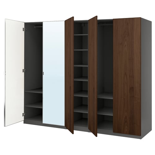 Open ikea PAX wardrobe, white & brown, mirror, minimalist design.