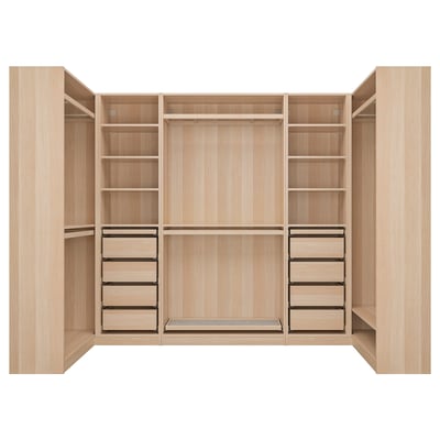 A light wooden PAX wardrobe with open doors, shelves, drawers, and a clothes rail.
