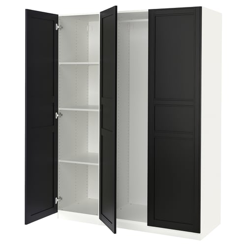 PAX wardrobe: black and white, tall with mirror doors, adjustable shelves.