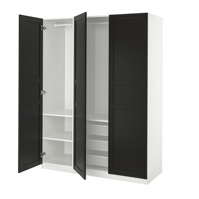 PAX wardrobe: white & black, three sections, open doors exposing shelves and hanging rod.