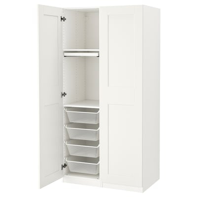 A PAX wardrobe in white with mesh baskets and drawers, designed for compact, organised storage.