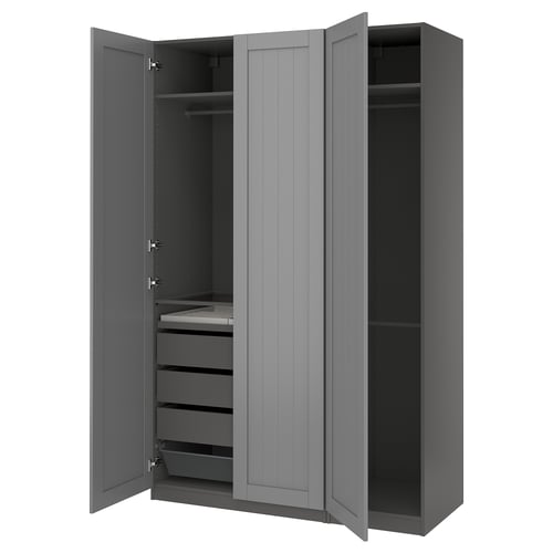 Grey PAX wardrobe, open doors revealing shelves, drawers, and rail.