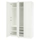 Displays a white ikea PAX wardrobe with double doors open, revealing multiple shelves and a mesh basket inside.