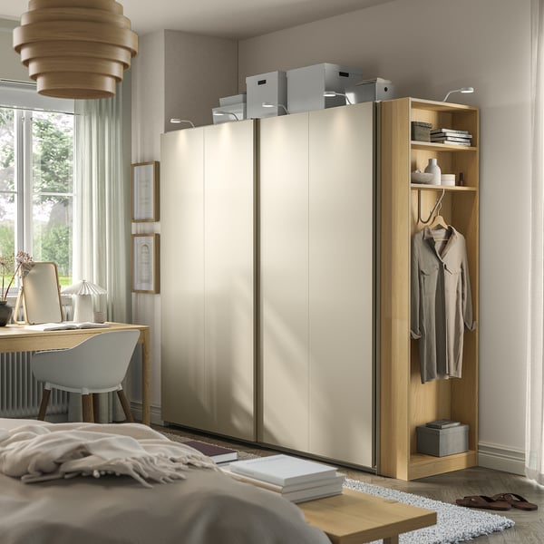 PAX / HASVIK Wardrobe with sliding doors, grey-beige grey-beige/oak effect, 220x66x201 cm