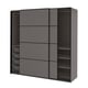 Modern grey sliding wardrobe with mesh drawers. Sleek, rectangular design with metal details.