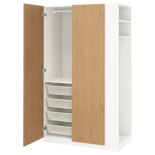 A white PAX wardrobe with wooden doors, featuring drawers and shelves inside.