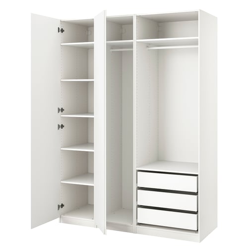 White PAX wardrobe with open doors, four shelves, and three drawers.
