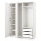 White PAX wardrobe with open doors, four shelves, and three drawers.
