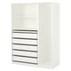 A white ikea PAX wardrobe with shelves and drawers. It has an open back and a sleek, minimalist design.