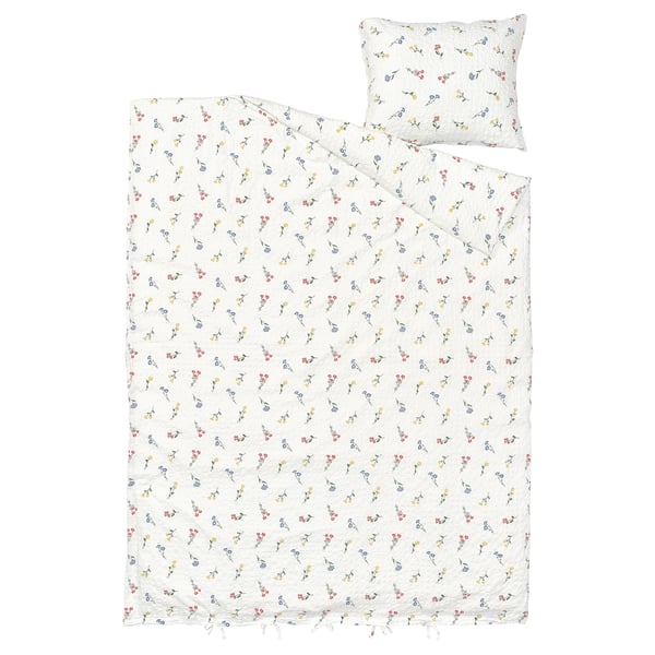 PILDVÄRGMAL bedding set: white, floral, cotton-viscose, rectangular, seersucker texture.