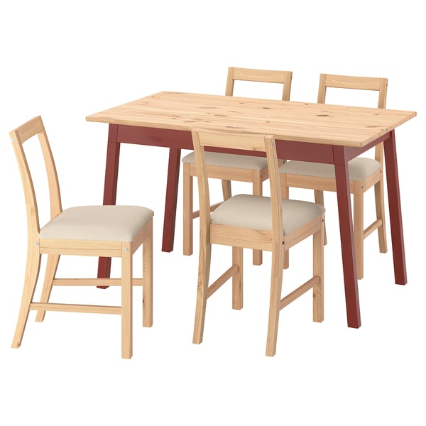 Light pine dining set with table and 4 chairs, beige upholstery.