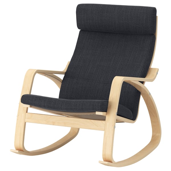 Modern rocking chair, POÄNG, dark grey upholstery, wooden frame, curved design.