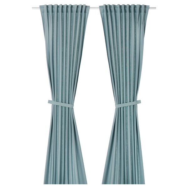 Pair of grey-blue RITVA cotton curtains with tie-backs, linen texture, neat folds.
