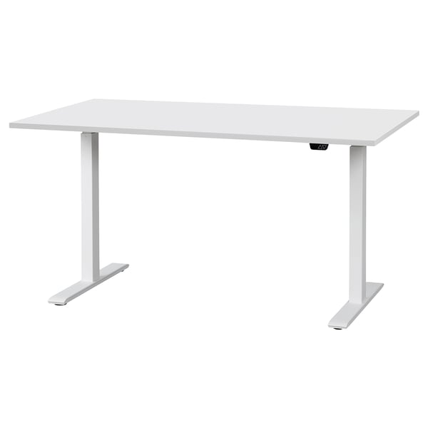 Modern white adjustable sit-stand desk with minimalist design.