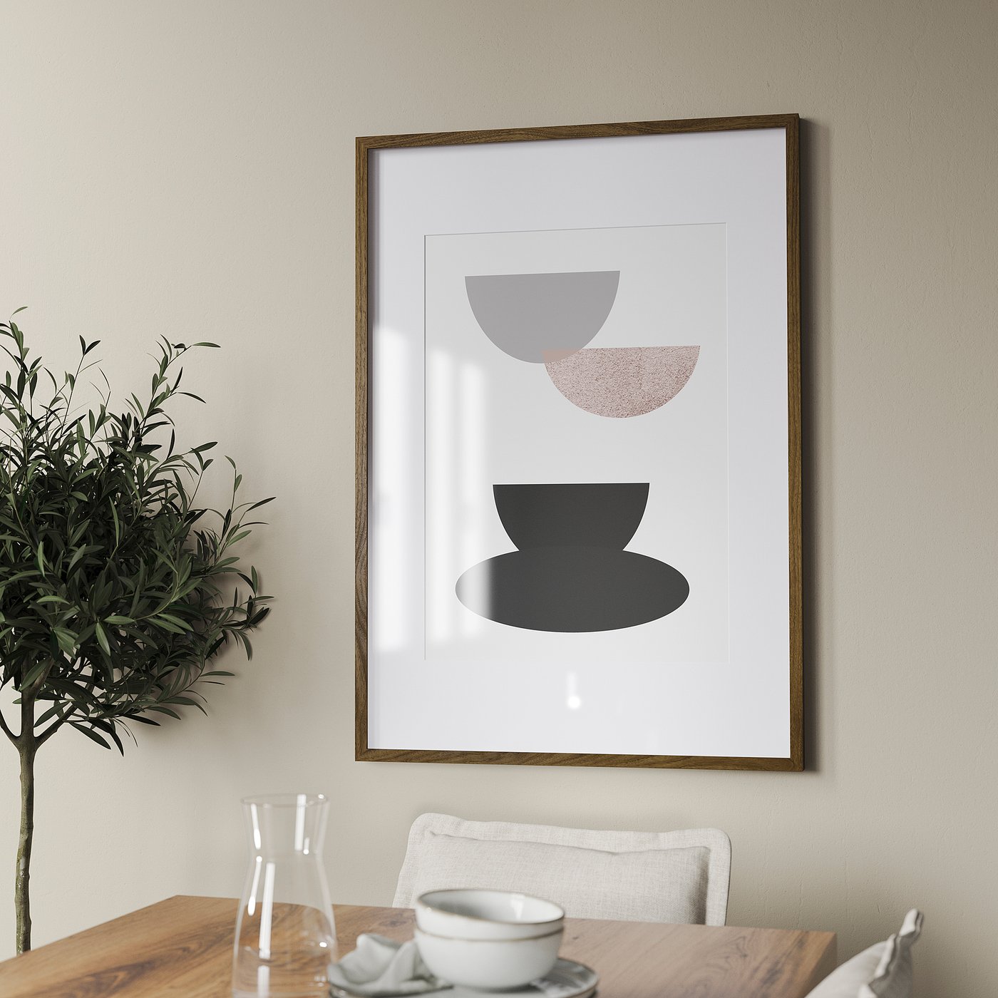 Framed abstract art hangs on a wall above a wooden table with a plant and a cup. The frame can hang vertically or horizontally.