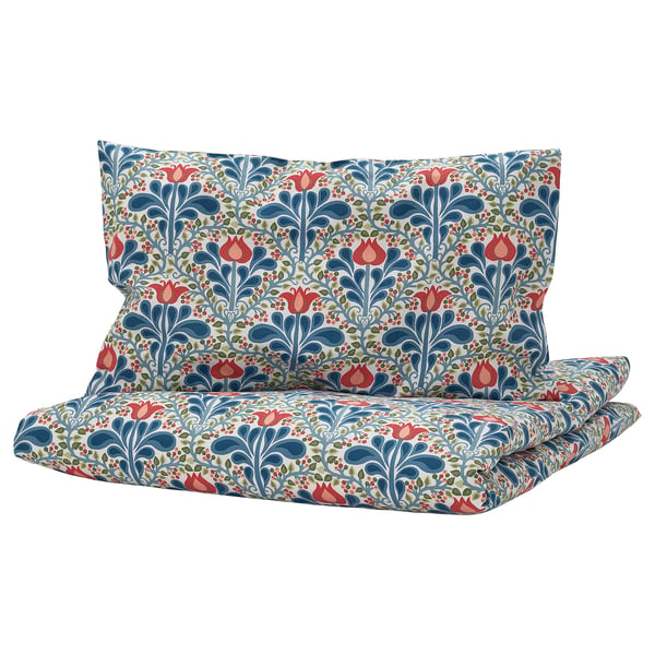 SÄTERVIDE Duvet cover 1 pillowcase for cot, white blue/floral pattern, 110x125/35x55 cm