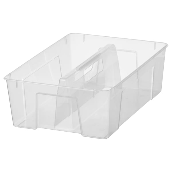A clear plastic organiser box named SAMLA. Its transparent, rectangular, with a built-in handle for easy carrying.