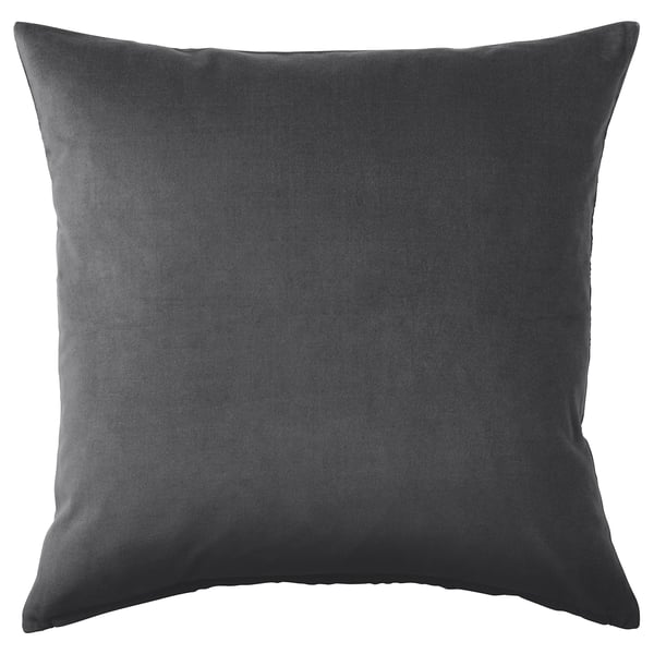 A SANELA charcoal grey cushion cover. Its made of soft cotton velvet with a subtle sheen, square-shaped with a zip closure.