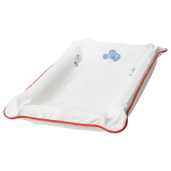 White changing mat cover with blueberry designs, red trim, cotton-polyester blend, rectangular.