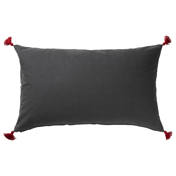 SKOGSKORN grey cushion with red tassels, rectangular, embroidered texture, duck feather filling.