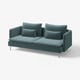 Teal SÖDERHAMN sofa, modern low profile with deep seats, metal legs, cushions, sleek design.