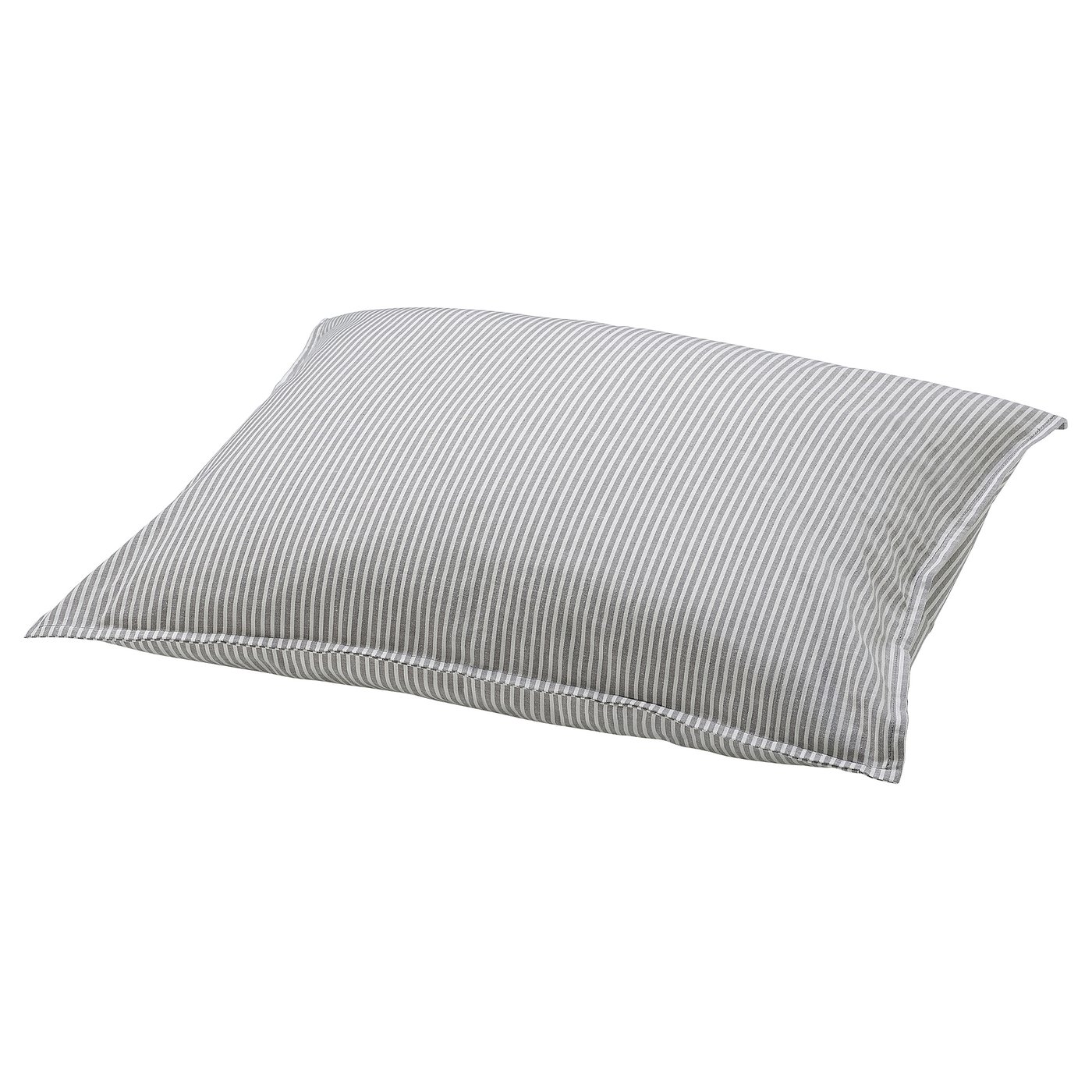 Grey striped cotton pillow with soft, rectangular shape.