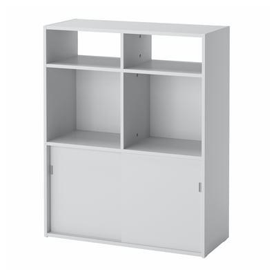 SPIKSMED white storage cabinet, sliding doors, open & closed shelves, minimalist design.