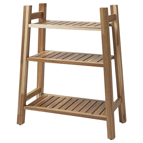 Wooden shelf unit STOREDAMM, 3 acacia shelves, bathroom-friendly.
