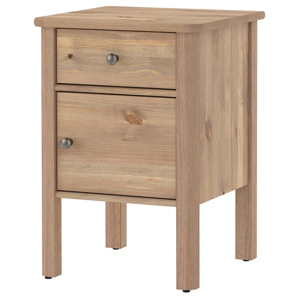 STOREMOLLA bedside table, light wood, 2-drawer, simple design, solid pine, square shape.