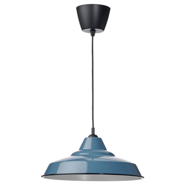 TRETTIOEN lamp, blue with steel, dome shape, hangs from ceiling.