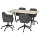 Modern desk with four grey upholstered swivel chairs, black metal legs.