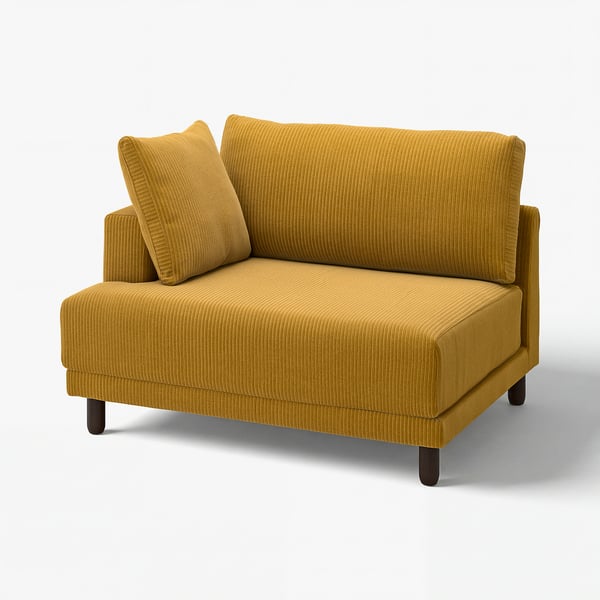 Mustard yellow corner sofa, modern design, sleek legs, cosy pillows.