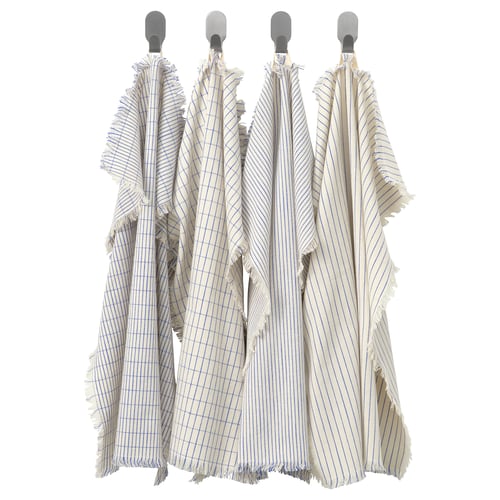 Four striped towels hang neatly, white with blue lines, each with frayed edges.