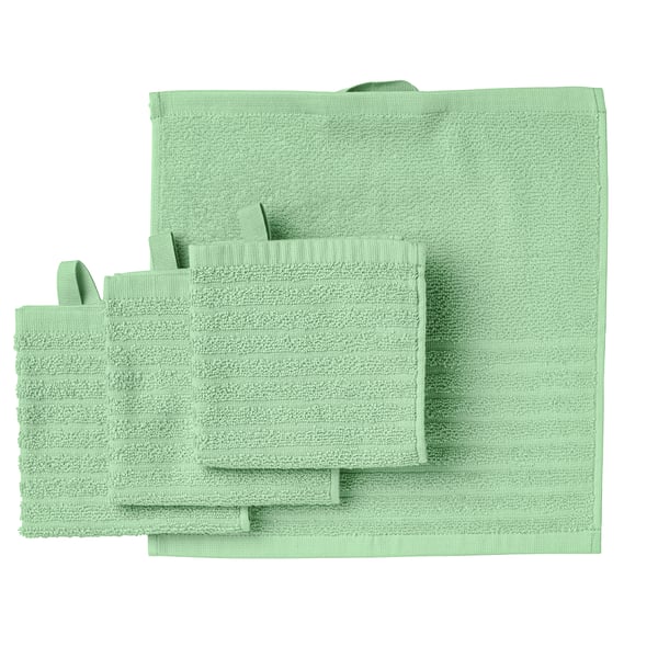 Green VÅGSJÖN towel set: bath, hand, face cloths, 100% cotton.