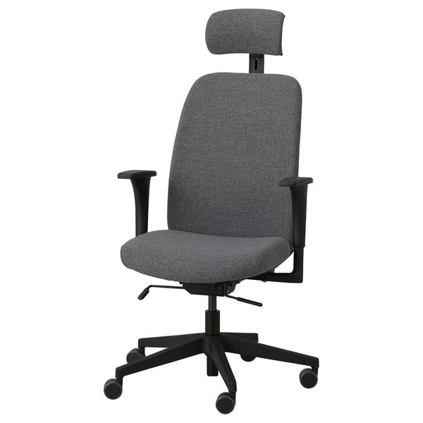 Modern grey office chair with adjustable headrest, armrests, and tilt function for ergonomic support.