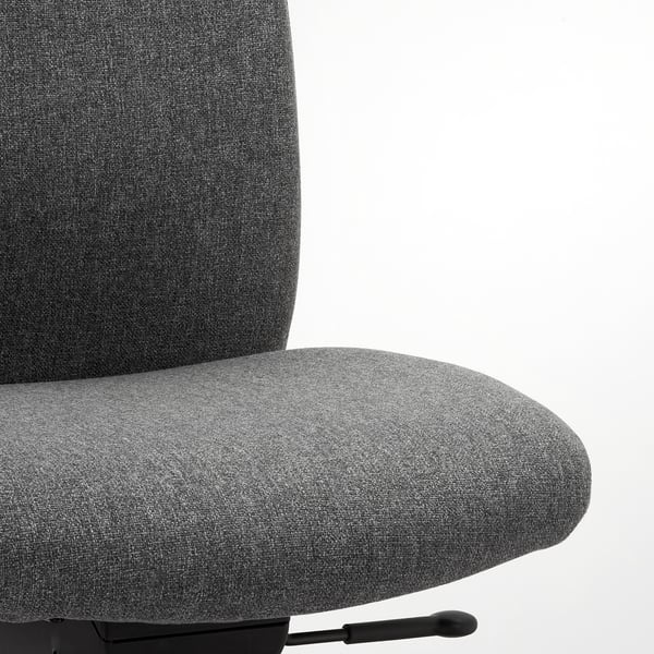 Close-up of a modern, ergonomic office chairs cushion and backrest in grey fabric. Highlights the soft, supportive seat and backrest materials.