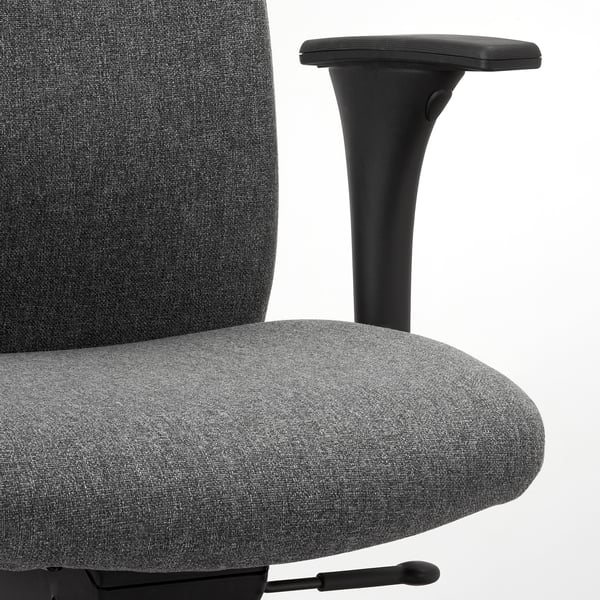 Modern office chair with adjustable armrests, upholstered in grey fabric. Armrests feature padded support for comfort.