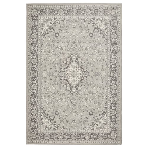 VEDBÄK rug, grey, rectangular, intricate floral design, synthetic materials.