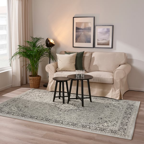 Cosy living room with light sofa, green pillows, black tables, grey rug, plant, lamp, & nature photos.