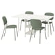 A VIHALS dining set with a white extendable table and four green chairs. Simple, modern design with upholstered seats and sturdy metal legs.